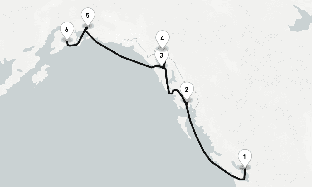 7 nights / 8 days, one-way from Vancouver (BC Canada) to Seward (Alaska)