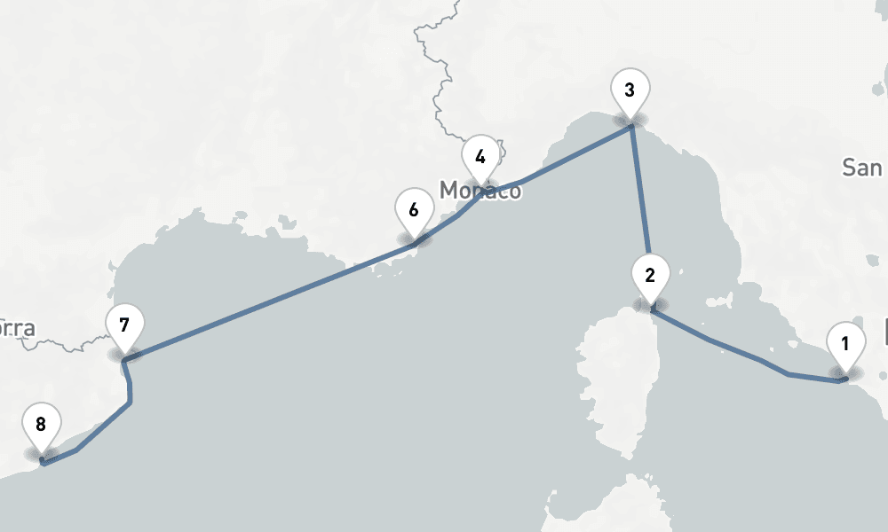 8 nights / 9 days, one-way from Civitavecchia (Rome, Italy) to Barcelona