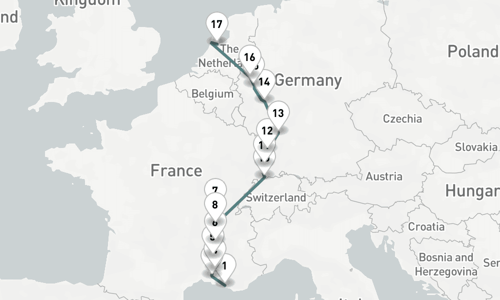 14 nights / 15 days, one-way from Marseille to Amsterdam (Holland)