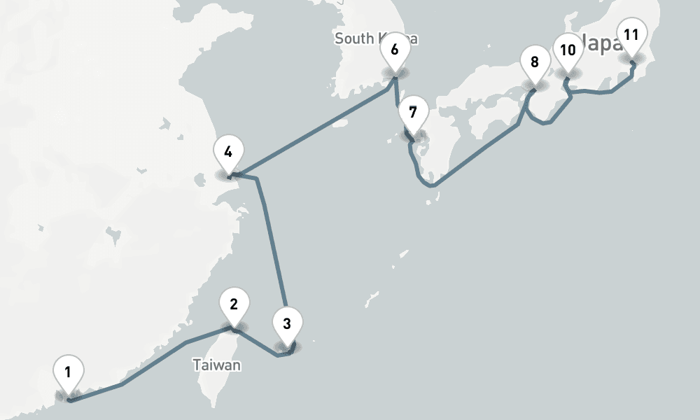 14 nights / 15 days, one-way from Hong Kong to Tokyo