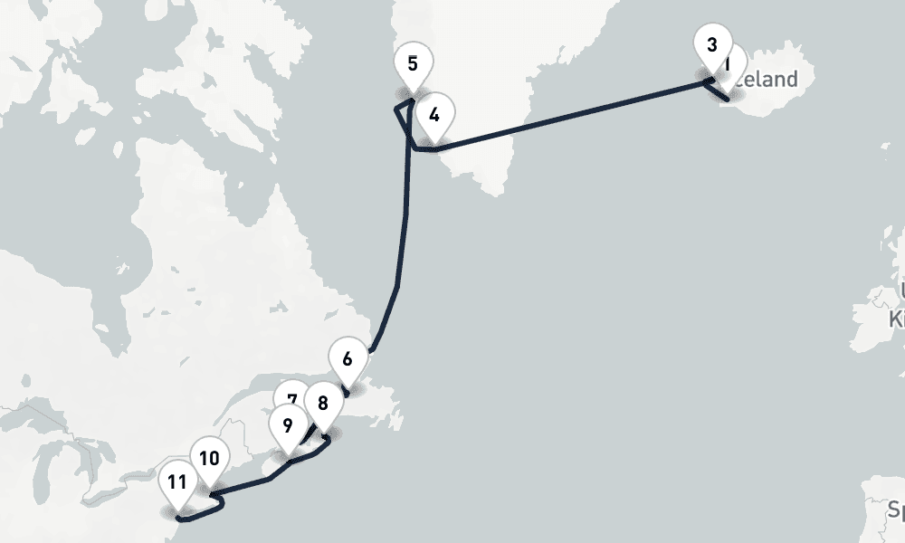 17 nights / 18 days, one-way from Reykjavik to New York (Cape Liberty NYC)