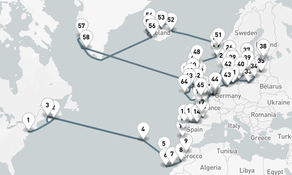 92 nights / 93 days, one-way from New York (Cape Liberty NYC) to Southampton (England)