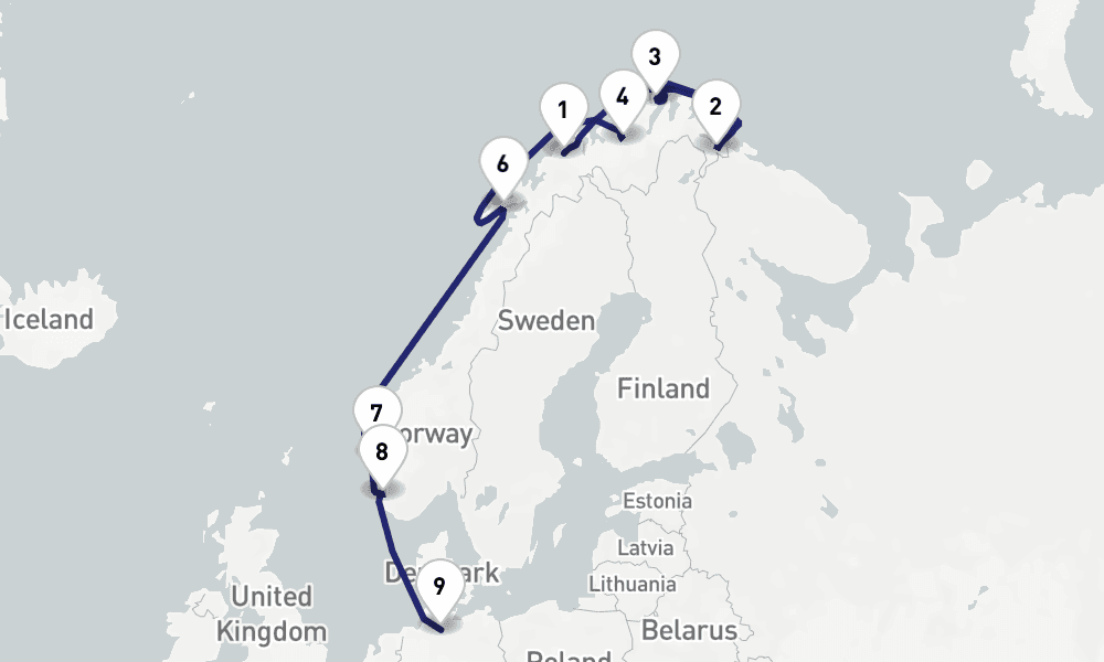 13 nights / 14 days, one-way from Tromso to Hamburg
