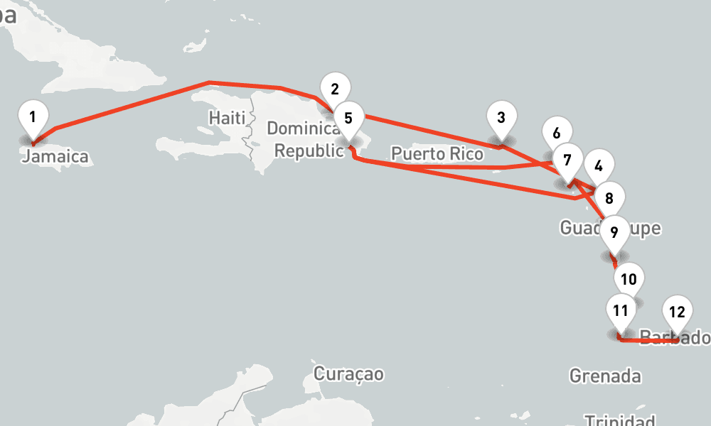 14 nights / 15 days, one-way from Montego Bay to Bridgetown (Barbados)