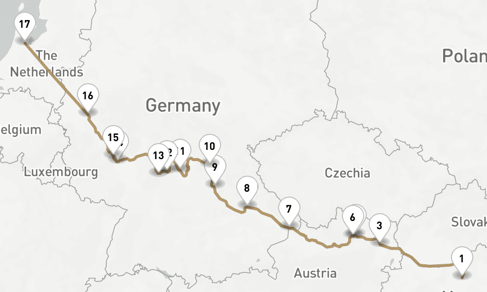 14 nights / 15 days, one-way from Budapest to Amsterdam (Holland)