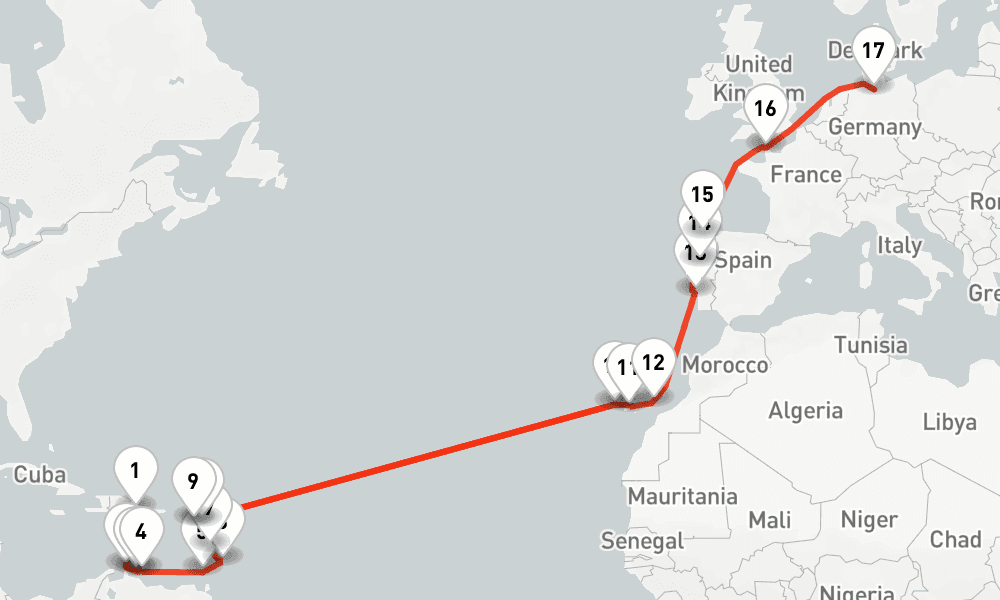 27 nights / 28 days, one-way from La Romana (Dominican Republic) to Hamburg