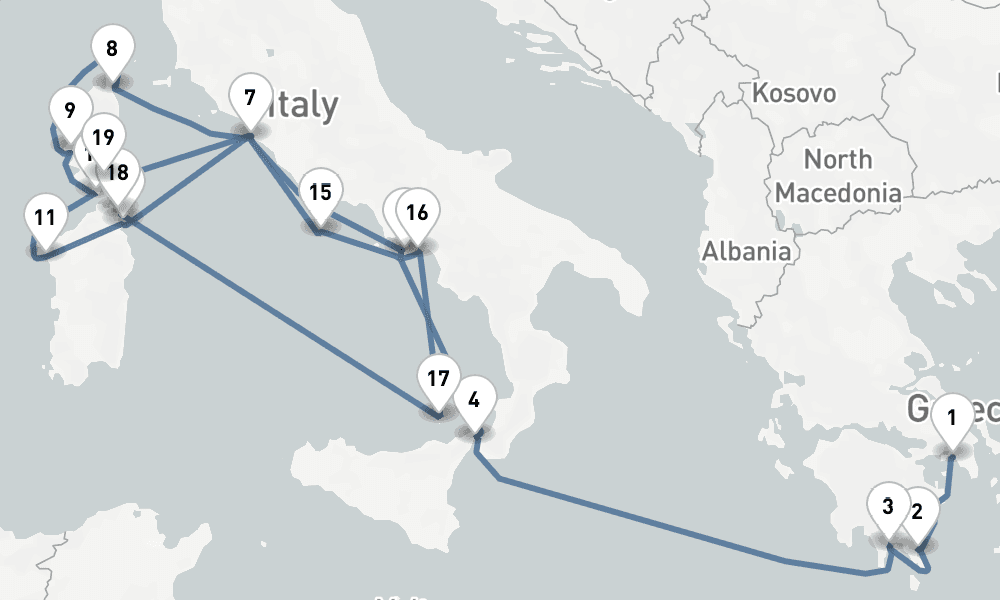 21 nights / 22 days, one-way from Piraeus (Athens, Greece) to Civitavecchia (Rome, Italy)
