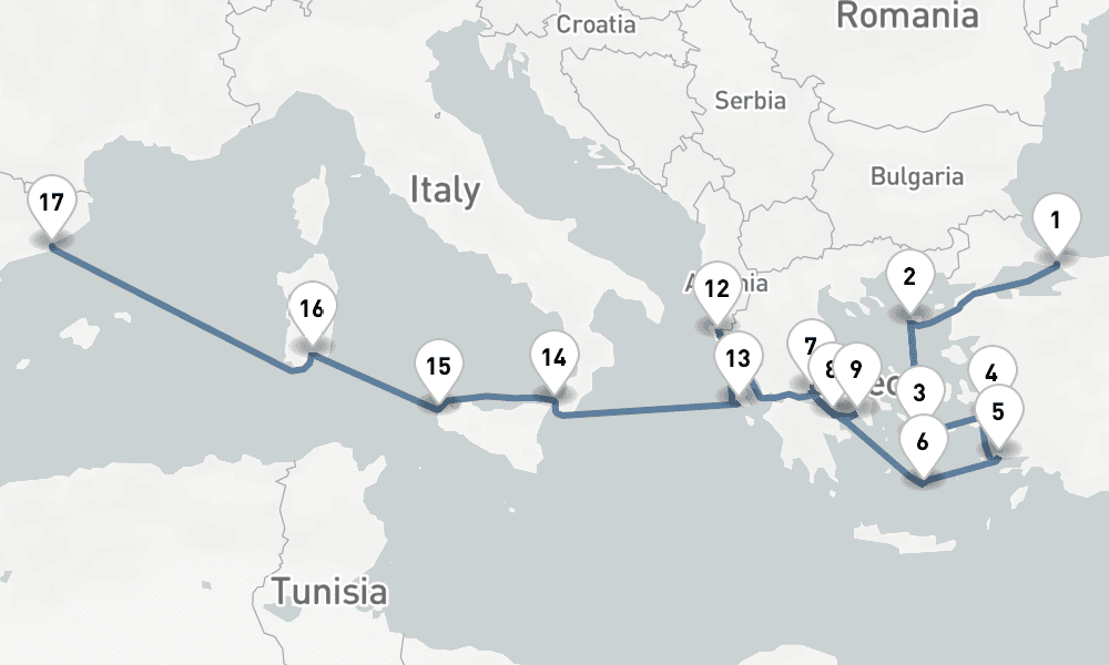 16 nights / 17 days, one-way from Istanbul to Barcelona