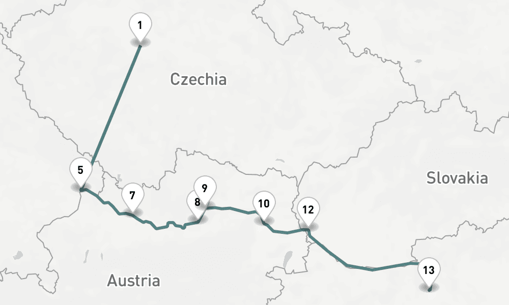 10 nights / 11 days, one-way from Prague (Czech Republic) to Budapest