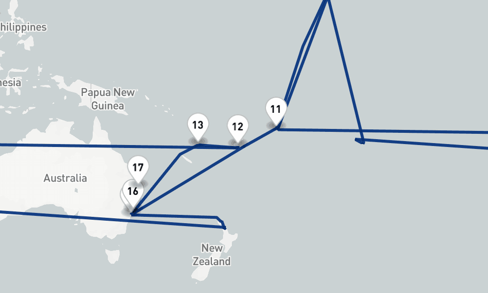 49 nights / 50 days, one-way from Southampton (England) to Brisbane (Queensland, Australia)