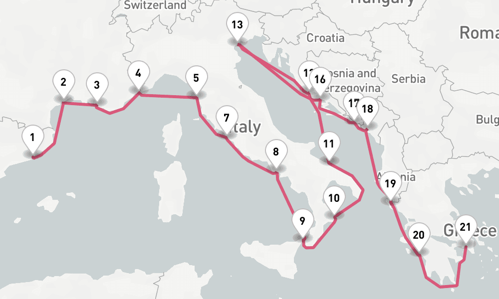 21 nights / 22 days, one-way from Barcelona to Piraeus (Athens, Greece)