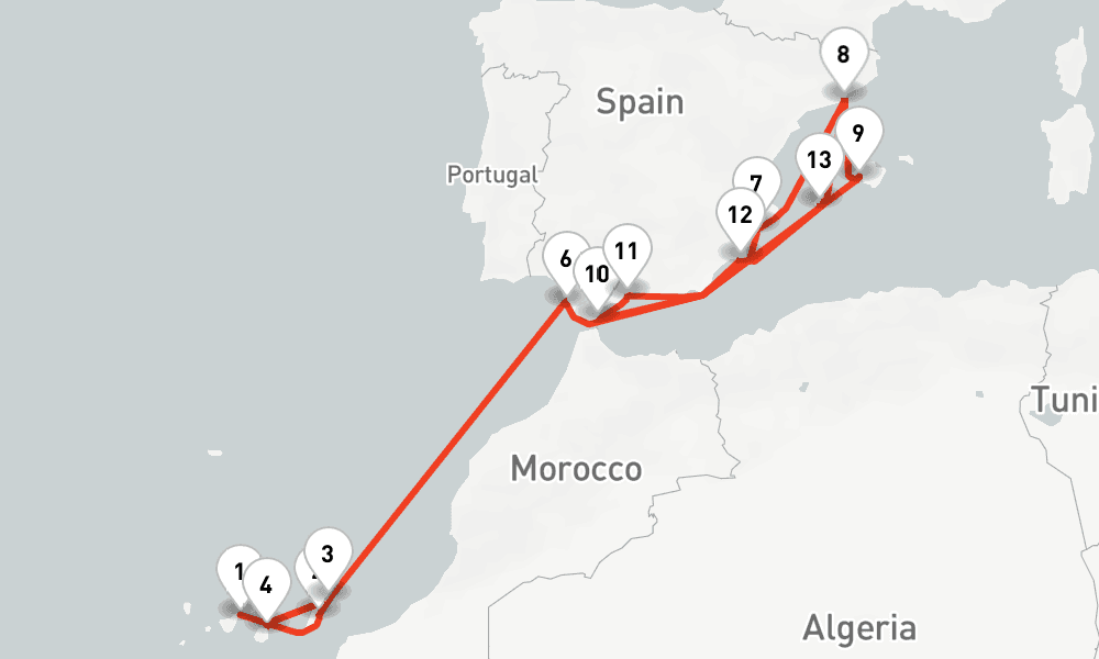 17 nights / 18 days, one-way from Santa Cruz de Tenerife (Canary Islands) to Palma de Mallorca (Majorca Island, Spain)