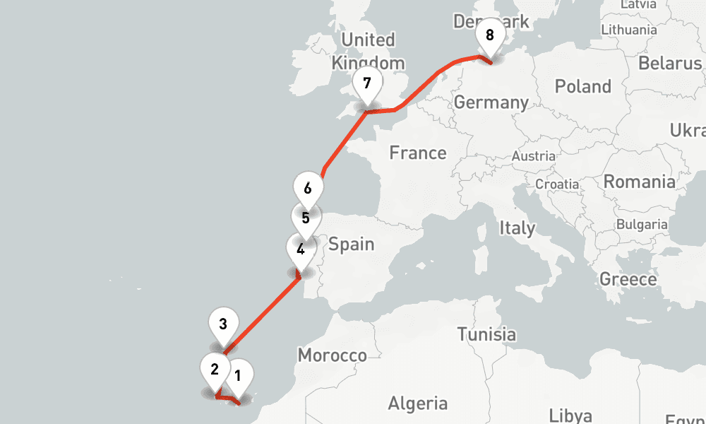 10 nights / 11 days, one-way from Las Palmas (Gran Canaria, Canary Islands) to Hamburg