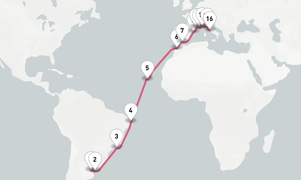 28 nights / 29 days, one-way from Buenos Aires to Civitavecchia (Rome, Italy)