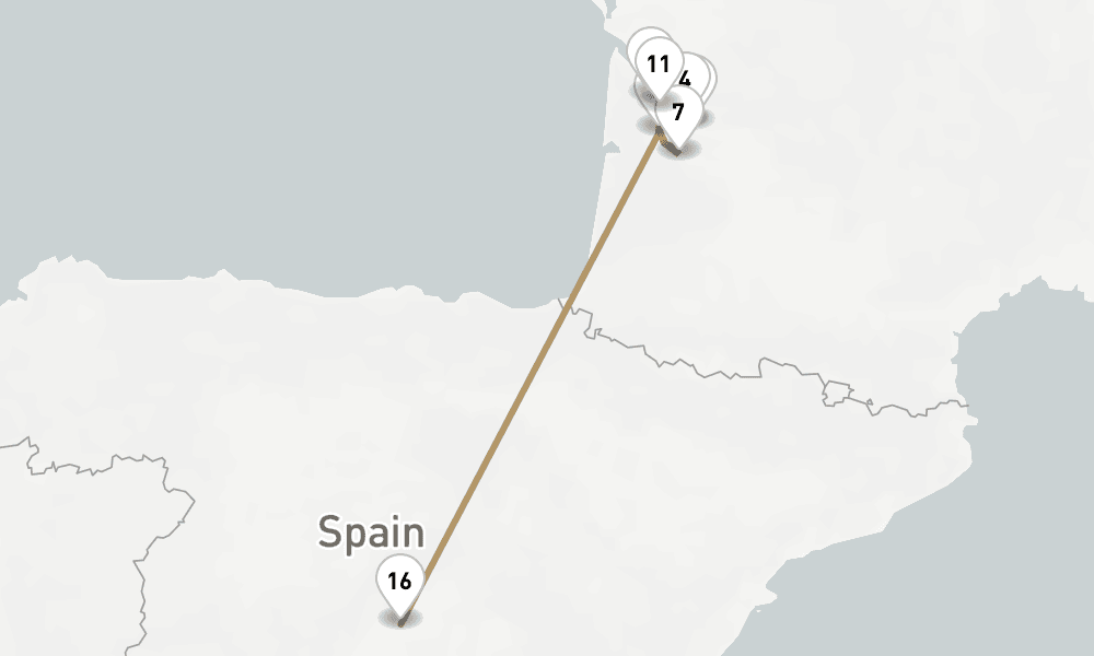 13 nights / 14 days, one-way from Bordeaux to Madrid