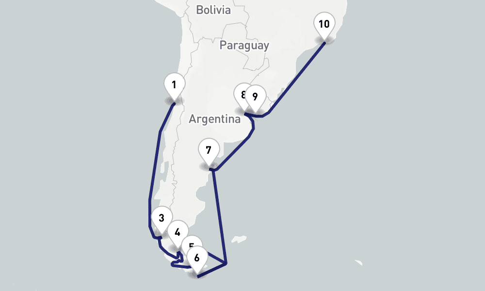 21 nights / 22 days, one-way from Valparaiso (Santiago, Chile) to Rio de Janeiro