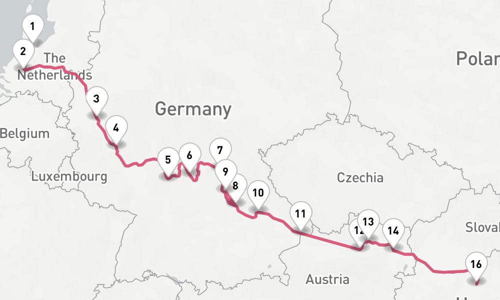 14 nights / 15 days, one-way from Amsterdam (Holland) to Budapest