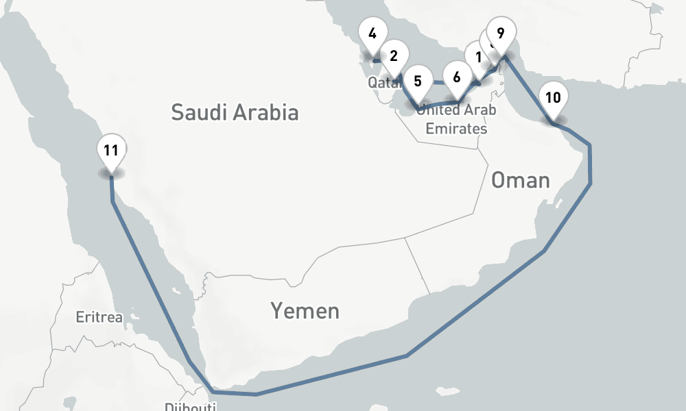 17 nights / 18 days, one-way from Dubai (Port Rashid, UAE) to Jeddah