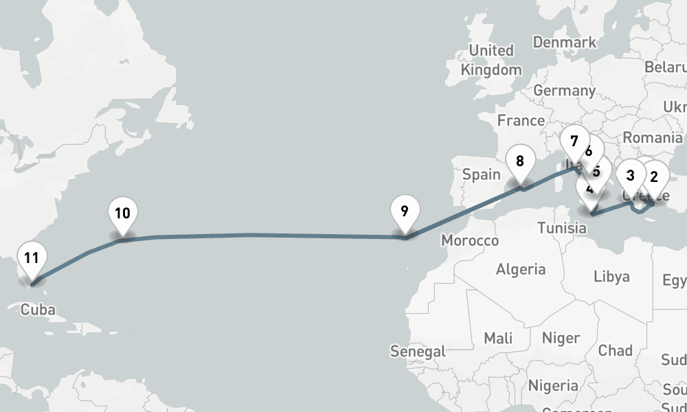 21 nights / 22 days, one-way from Piraeus (Athens, Greece) to Miami (Florida)