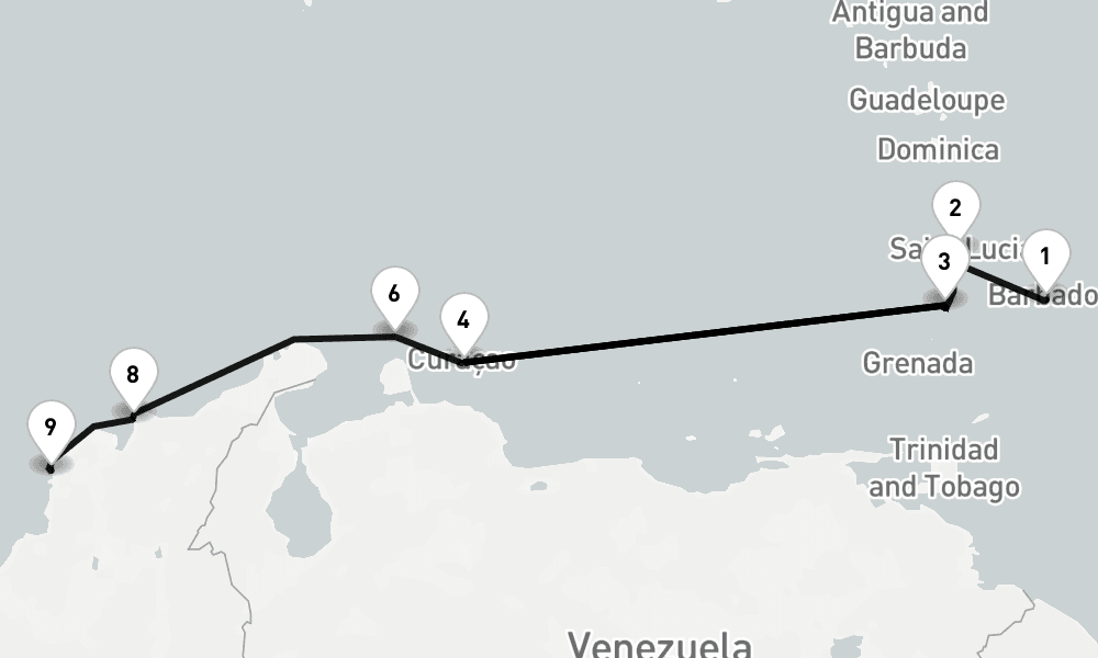 9 nights / 10 days, one-way from Bridgetown (Barbados) to Cartagena (Colombia)