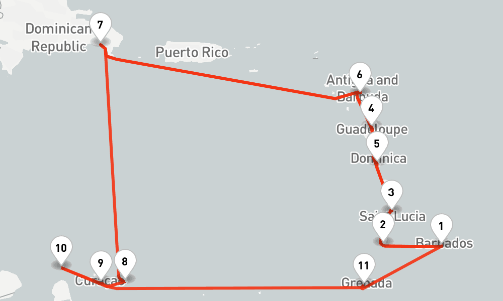 21 nights / 22 days, one-way from Bridgetown (Barbados) to La Romana (Dominican Republic)