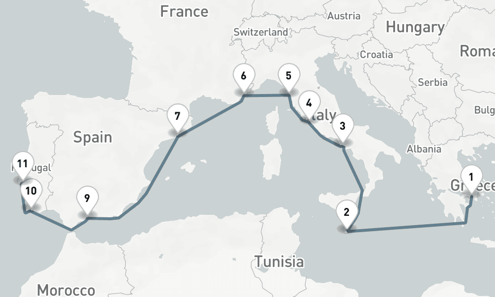 12 nights / 13 days, one-way from Piraeus (Athens, Greece) to Lisbon