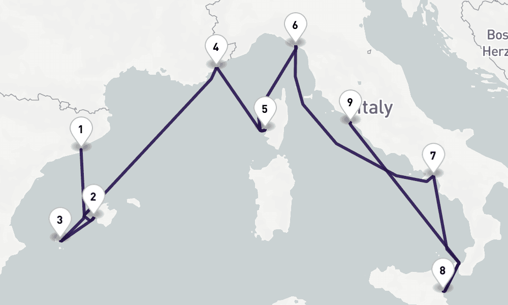 12 nights / 13 days, one-way from Barcelona to Civitavecchia (Rome, Italy)