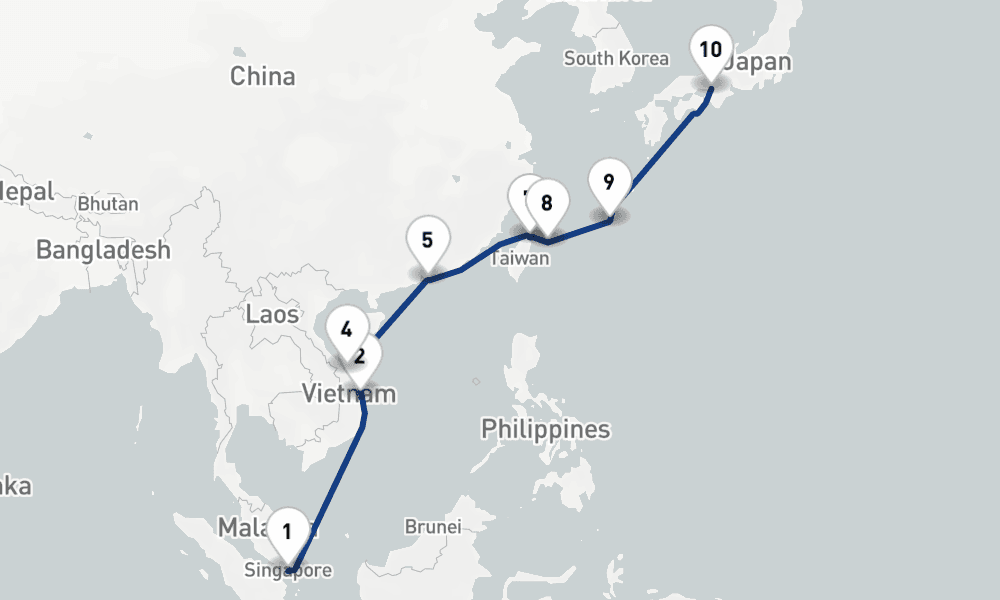 14 nights / 15 days, one-way from Singapore to Kobe (Osaka-Kyoto, Japan)