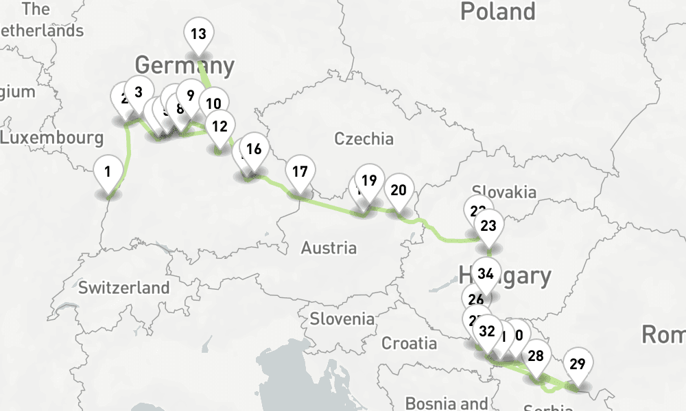 19 nights / 20 days, one-way from Strasbourg to Budapest
