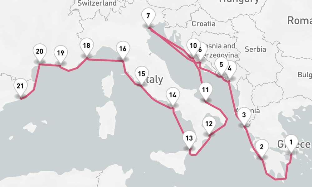 21 nights / 22 days, one-way from Piraeus (Athens, Greece) to Barcelona
