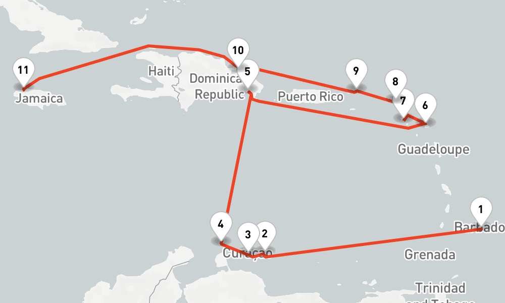 14 nights / 15 days, one-way from Bridgetown (Barbados) to Montego Bay