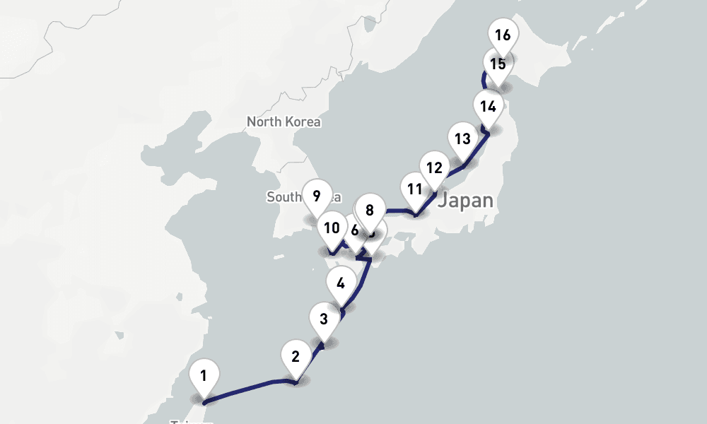 19 nights / 20 days, one-way from Keelung (Taipei, Taiwan) to Otaru