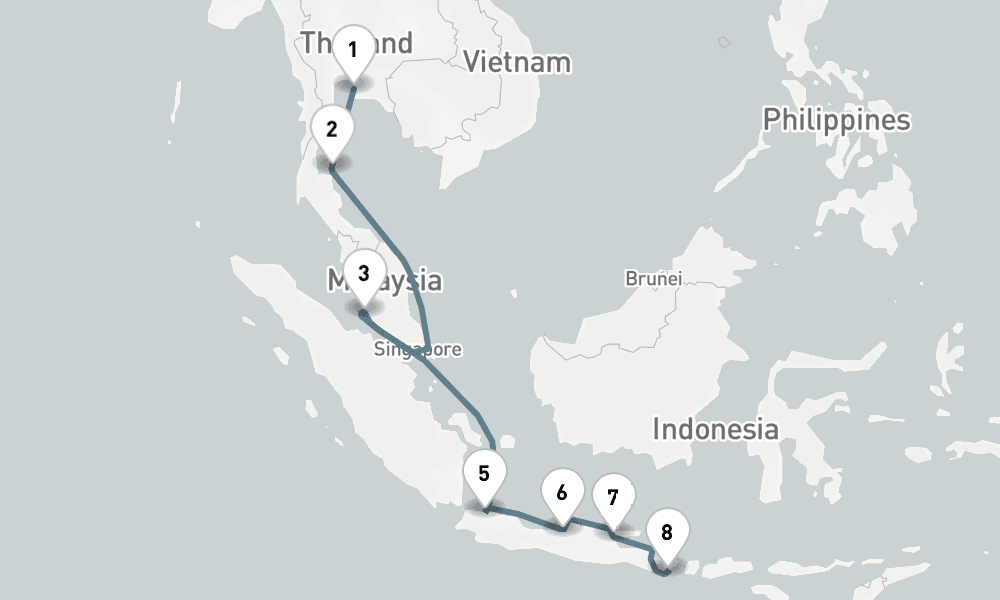 11 nights / 12 days, one-way from Laem Chabang (Bangkok, Thailand) to Benoa (Bali, Indonesia)