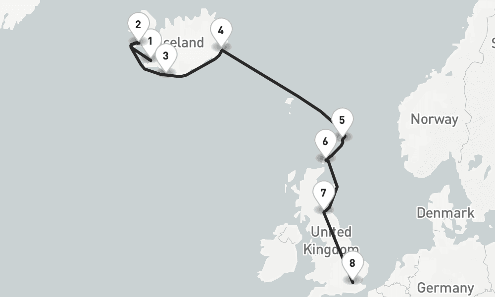 10 nights / 11 days, one-way from Reykjavik to Greenwich (London, England)