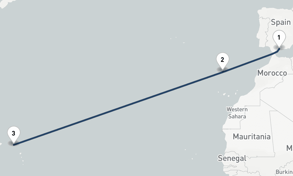 13 nights / 14 days, one-way from Malaga to Philipsburg (St Maarten Island, Dutch Antilles)