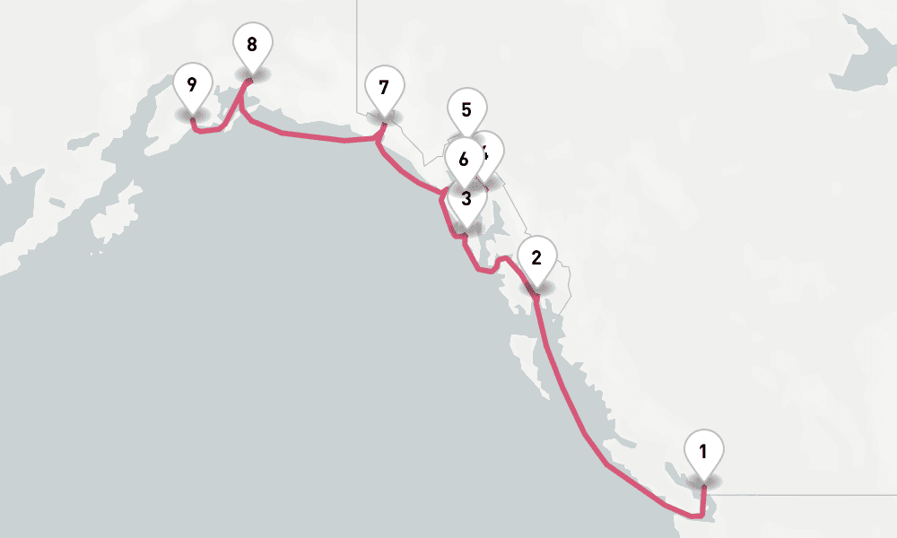 10 nights / 11 days, one-way from Vancouver (BC Canada) to Seward (Alaska)