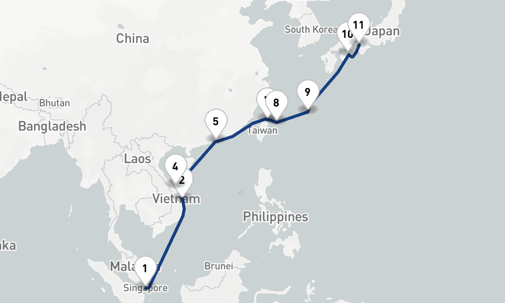15 nights / 16 days, one-way from Singapore to Kobe (Osaka-Kyoto, Japan)
