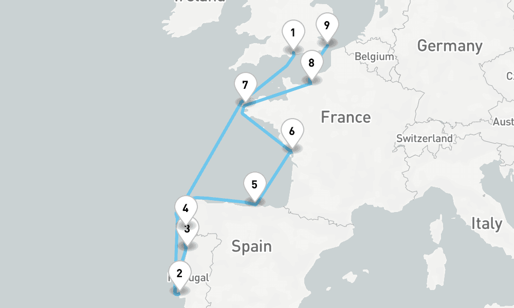 12 nights / 13 days, one-way from Portsmouth (England) to Dover (England)
