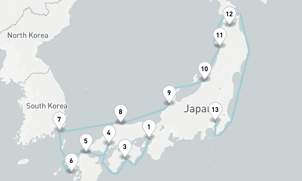 14 nights / 15 days, one-way from Kobe (Osaka-Kyoto, Japan) to Tokyo