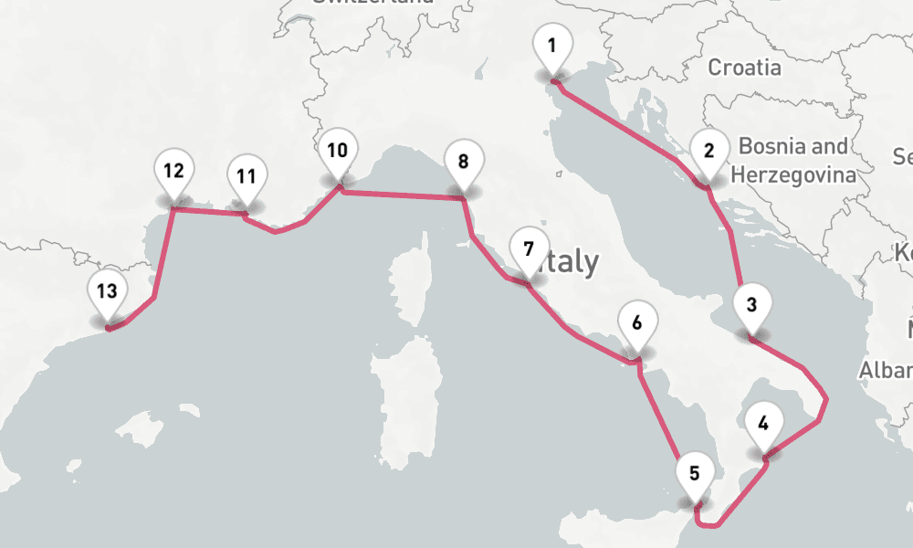 14 nights / 15 days, one-way from Venice to Barcelona
