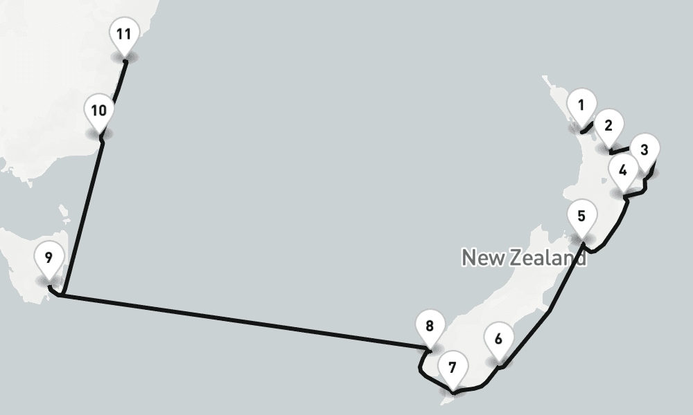 14 nights / 15 days, one-way from Auckland to Sydney (NSW, Australia)