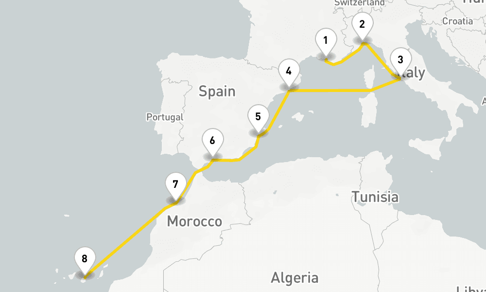9 days, one-way from Marseille to Las Palmas de Gran Canaria 10日間