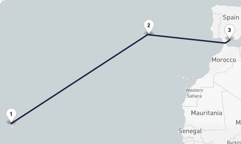 20 days, one-way from St Johns Antigua to Malaga 21日間