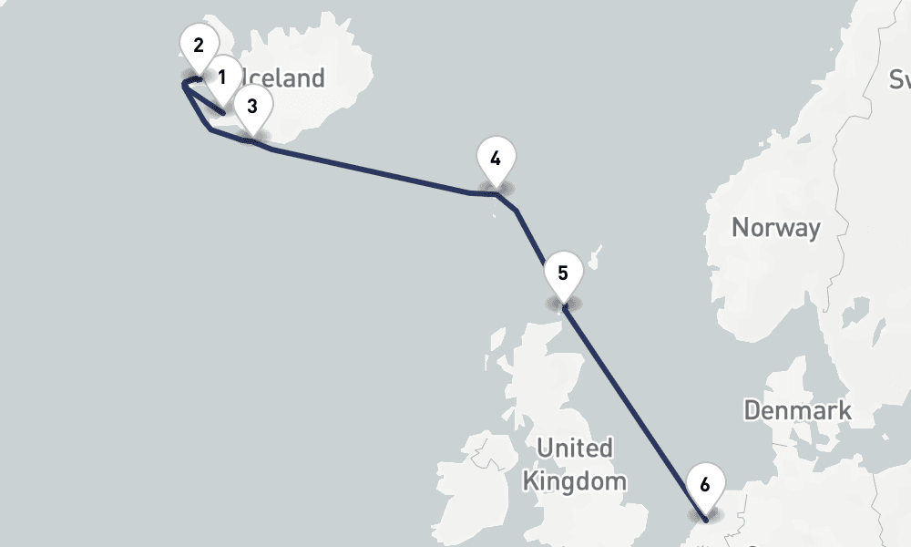 7 days, one-way from Reykjavik to Amsterdam 8日間