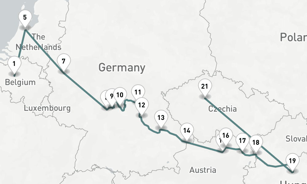 20 days, one-way from Brussels to Prague 21日間