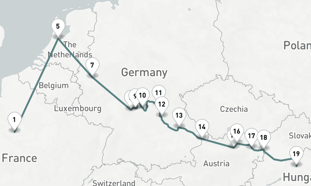 17 days, one-way from Paris City to Budapest 18日間