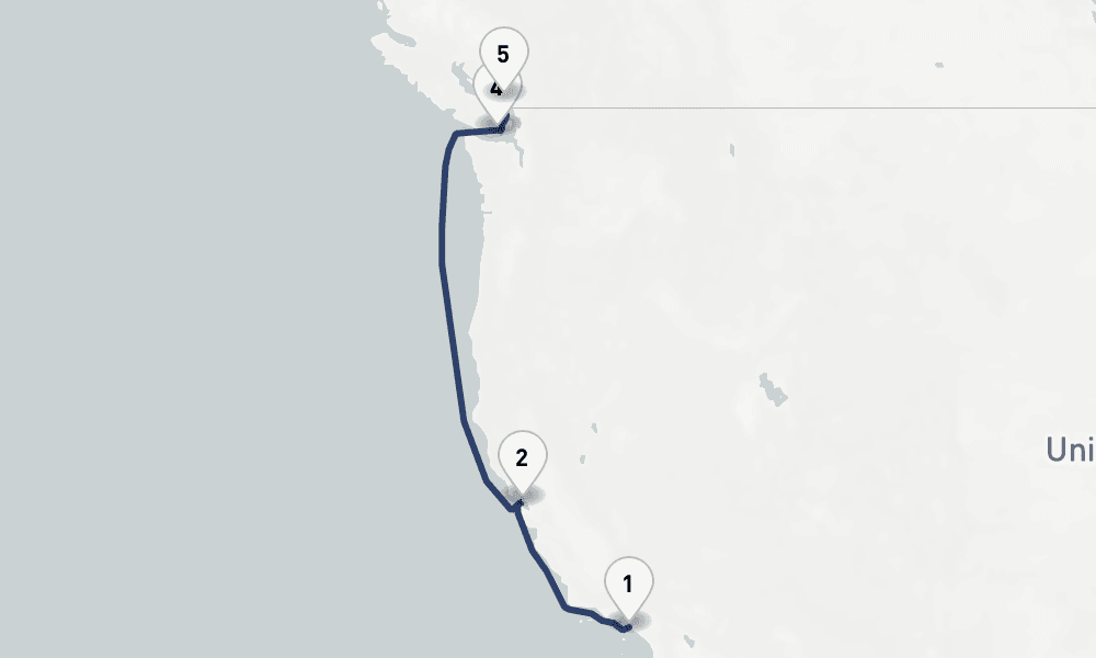 7 days, one-way from Los Angeles to Vancouver 8日間