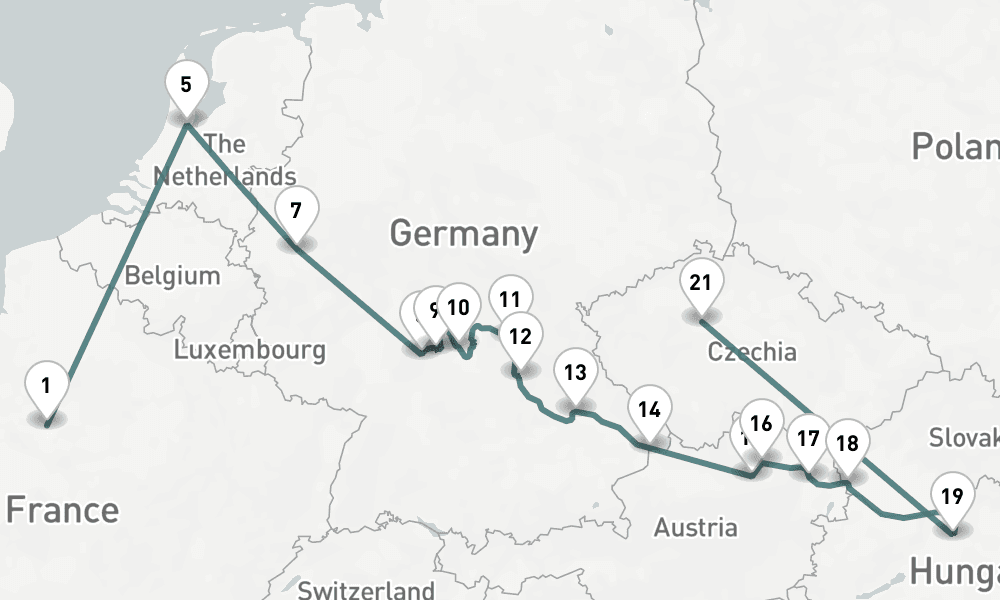 20 days, one-way from Paris City to Prague 21日間