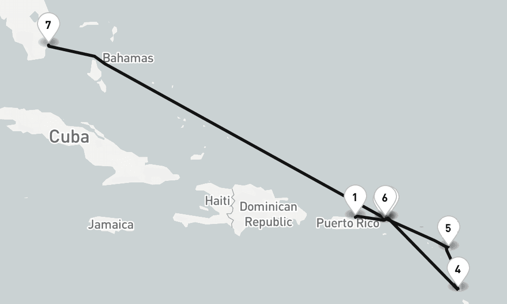 8 days, one-way from San Juan to Miami 9日間