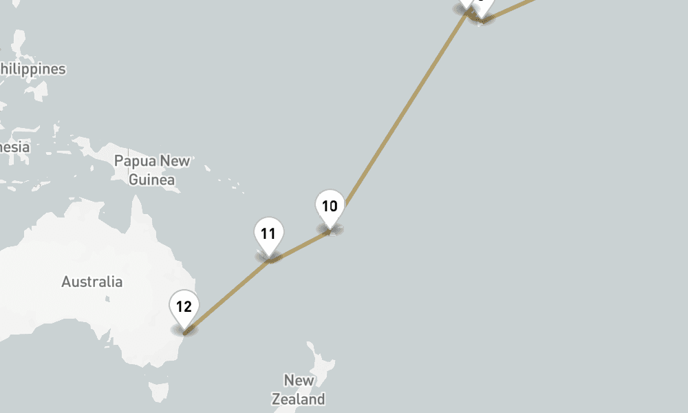 36 days, one-way from New York to Sydney 37日間